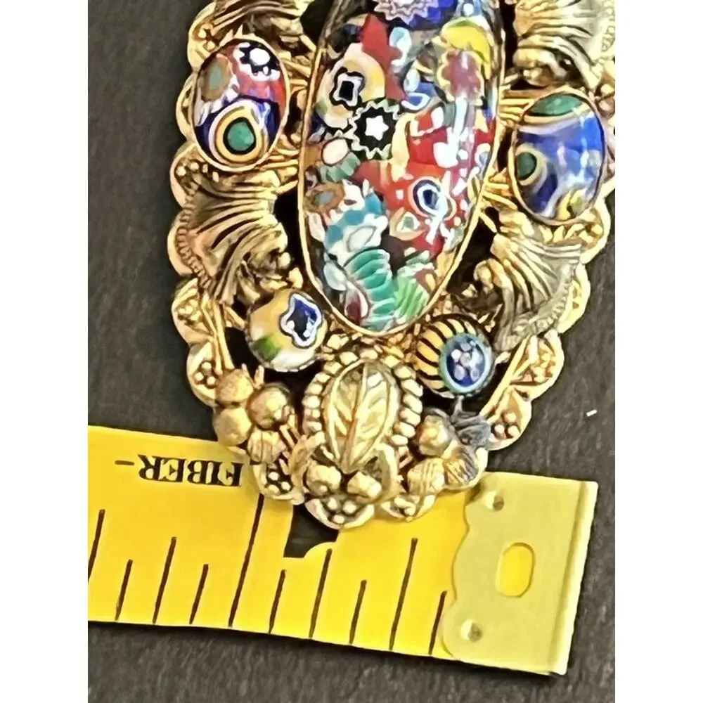 Vintage Millefiori Glass Cabuchon Brass Large Pin Brooch Gold Tone 2.5”